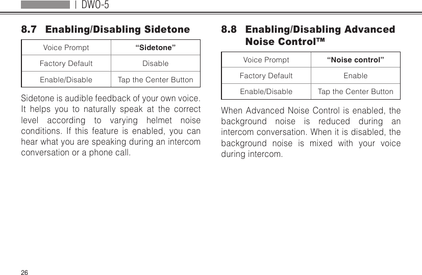 DWO-5268.7  Enabling/Disabling SidetoneVoice Prompt “Sidetone”Factory Default DisableEnable/Disable Tap the Center ButtonSidetone is audible feedback of your own voice. It helps you to naturally speak at the correct level according to varying helmet noise conditions. If this feature is enabled, you can hear what you are speaking during an intercom conversation or a phone call.8.8  Enabling/Disabling Advanced Noise Control™Voice Prompt “Noise control”Factory Default EnableEnable/Disable Tap the Center ButtonWhen Advanced Noise Control is enabled, the background noise is reduced during an intercom conversation. When it is disabled, the background noise is mixed with your voice during intercom.