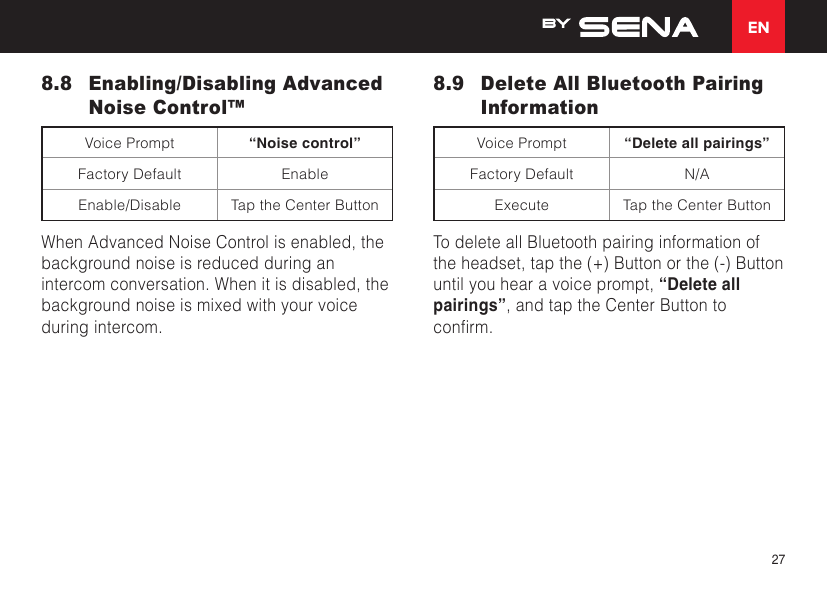 EN278.8  Enabling/Disabling Advanced Noise Control™Voice Prompt “Noise control”Factory Default EnableEnable/Disable Tap the Center ButtonWhen Advanced Noise Control is enabled, the background noise is reduced during an intercom conversation. When it is disabled, the background noise is mixed with your voice during intercom.8.9  Delete All Bluetooth Pairing InformationVoice Prompt “Delete all pairings”Factory Default N/AExecute Tap the Center ButtonTo delete all Bluetooth pairing information of the headset, tap the (+) Button or the (-) Button until you hear a voice prompt, “Delete all pairings”, and tap the Center Button to conrm.