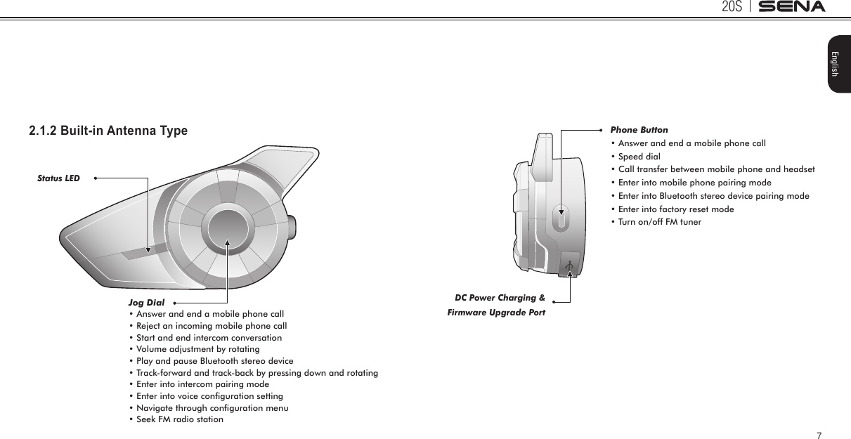 20S7EnglishPhone Button• Answer and end a mobile phone call • Speed dial• Call transfer between mobile phone and headset• Enter into mobile phone pairing mode • Enter into Bluetooth stereo device pairing mode • Enter into factory reset mode• Turn on/off FM tunerDC Power Charging &amp; Firmware Upgrade Port2.1.2 Built-in Antenna TypeStatus LEDJog Dial• Answer and end a mobile phone call• Reject an incoming mobile phone call• Start and end intercom conversation• Volume adjustment by rotating• Play and pause Bluetooth stereo device•  Track-forward and track-back by pressing down and rotating• Enter into intercom pairing mode• Enter into voice configuration setting• Navigate through configuration menu• Seek FM radio station