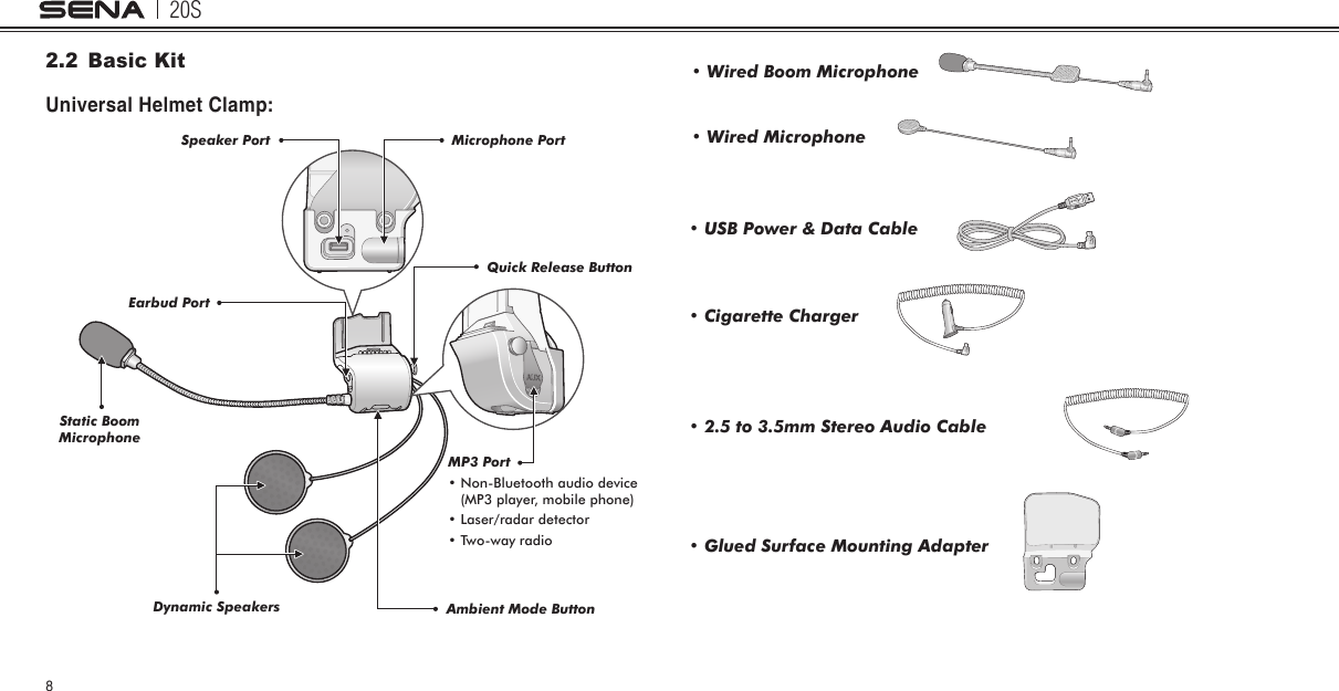 20S82.2  Basic KitUniversal Helmet Clamp:Quick Release ButtonAmbient Mode ButtonStatic Boom MicrophoneDynamic SpeakersEarbud PortSpeaker Port Microphone PortMP3 Port•  Non-Bluetooth audio device(MP3 player, mobile phone) • Laser/radar detector • Two-way radio• Wired Boom Microphone• Wired Microphone• USB Power &amp; Data Cable• Glued Surface Mounting Adapter• Cigarette Charger• 2.5 to 3.5mm Stereo Audio Cable