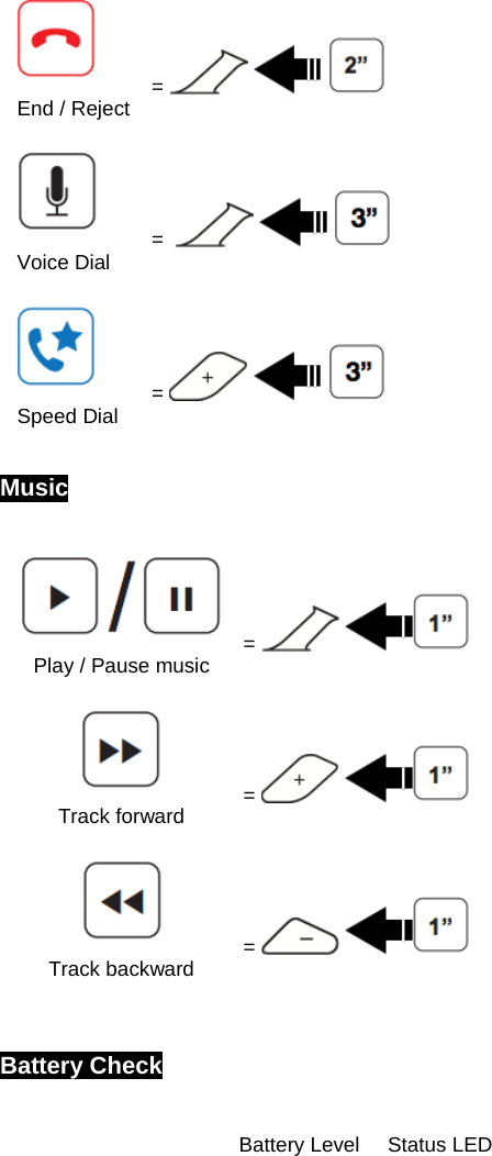  =       End / Reject  =        Voice Dial  =       Speed Dial  Music   =      Play / Pause music  =     Track forward  =     Track backward   Battery Check      Battery Level Status LED 