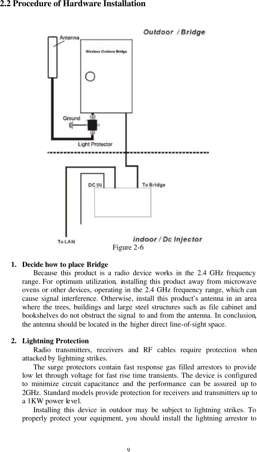  9 2.2 Procedure of Hardware Installation   Figure 2-6  1. Decide how to place Bridge Because this product is a radio device works in the 2.4 GHz frequency range. For optimum utilization, installing this product away from microwave ovens or other devices, operating in the 2.4 GHz frequency range, which can cause signal interference. Otherwise, install this product’s antenna in an area where the trees, buildings and large steel structures such as file cabinet and bookshelves do not obstruct the signal  to and from the antenna. In conclusion, the antenna should be located in the higher direct line-of-sight space.  2. Lightning Protection Radio transmitters, receivers and RF cables require protection when attacked by lightning strikes. The surge protectors contain fast response gas filled arrestors to provide low let through voltage for fast rise time transients. The device is configured to  minimize circuit capacitance and the performance  can be assured  up to 2GHz. Standard models provide protection for receivers and transmitters up to a 1KW power level. Installing this device in outdoor may be subject to lightning strikes. To properly protect your equipment, you should install the lightning arrestor to 
