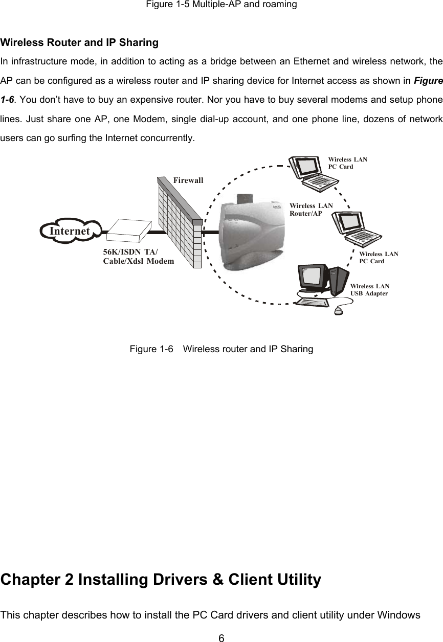 6Wireless LANPC CardWireless LANUSB AdapterWireless LANRouter/AP56K/ISDN TA/Cable/Xdsl ModemFirewallInternetWireless LANPC CardFigure 1-5 Multiple-AP and roamingWireless Router and IP SharingIn infrastructure mode, in addition to acting as a bridge between an Ethernet and wireless network, theAP can be configured as a wireless router and IP sharing device for Internet access as shown in Figure1-6. You don’t have to buy an expensive router. Nor you have to buy several modems and setup phonelines. Just share one AP, one Modem, single dial-up account, and one phone line, dozens of networkusers can go surfing the Internet concurrently.Figure 1-6    Wireless router and IP SharingChapter 2 Installing Drivers &amp; Client UtilityThis chapter describes how to install the PC Card drivers and client utility under Windows