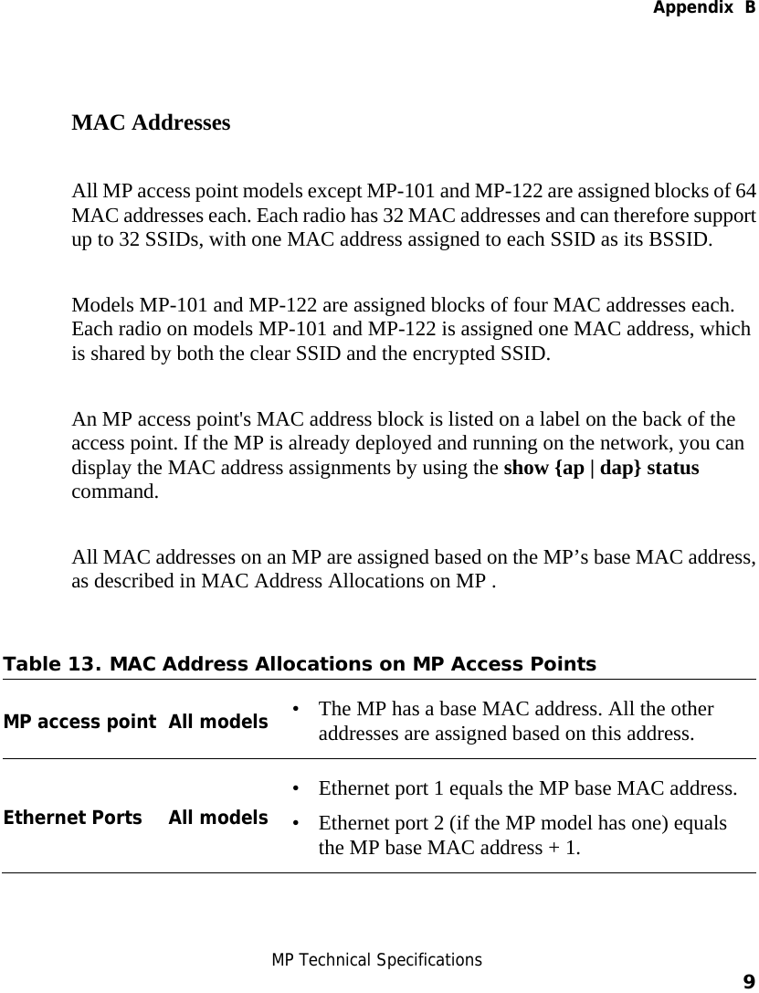   Appendix  B  MP Technical Specifications    9    MAC Addresses All MP access point models except MP-101 and MP-122 are assigned blocks of 64 MAC addresses each. Each radio has 32 MAC addresses and can therefore support up to 32 SSIDs, with one MAC address assigned to each SSID as its BSSID. Models MP-101 and MP-122 are assigned blocks of four MAC addresses each. Each radio on models MP-101 and MP-122 is assigned one MAC address, which is shared by both the clear SSID and the encrypted SSID. An MP access point&apos;s MAC address block is listed on a label on the back of the access point. If the MP is already deployed and running on the network, you can display the MAC address assignments by using the show {ap | dap} status command. All MAC addresses on an MP are assigned based on the MP’s base MAC address, as described in MAC Address Allocations on MP . Table 13. MAC Address Allocations on MP Access Points  MP access point All models • The MP has a base MAC address. All the other addresses are assigned based on this address.  Ethernet Ports All models • Ethernet port 1 equals the MP base MAC address. • Ethernet port 2 (if the MP model has one) equals the MP base MAC address + 1. 