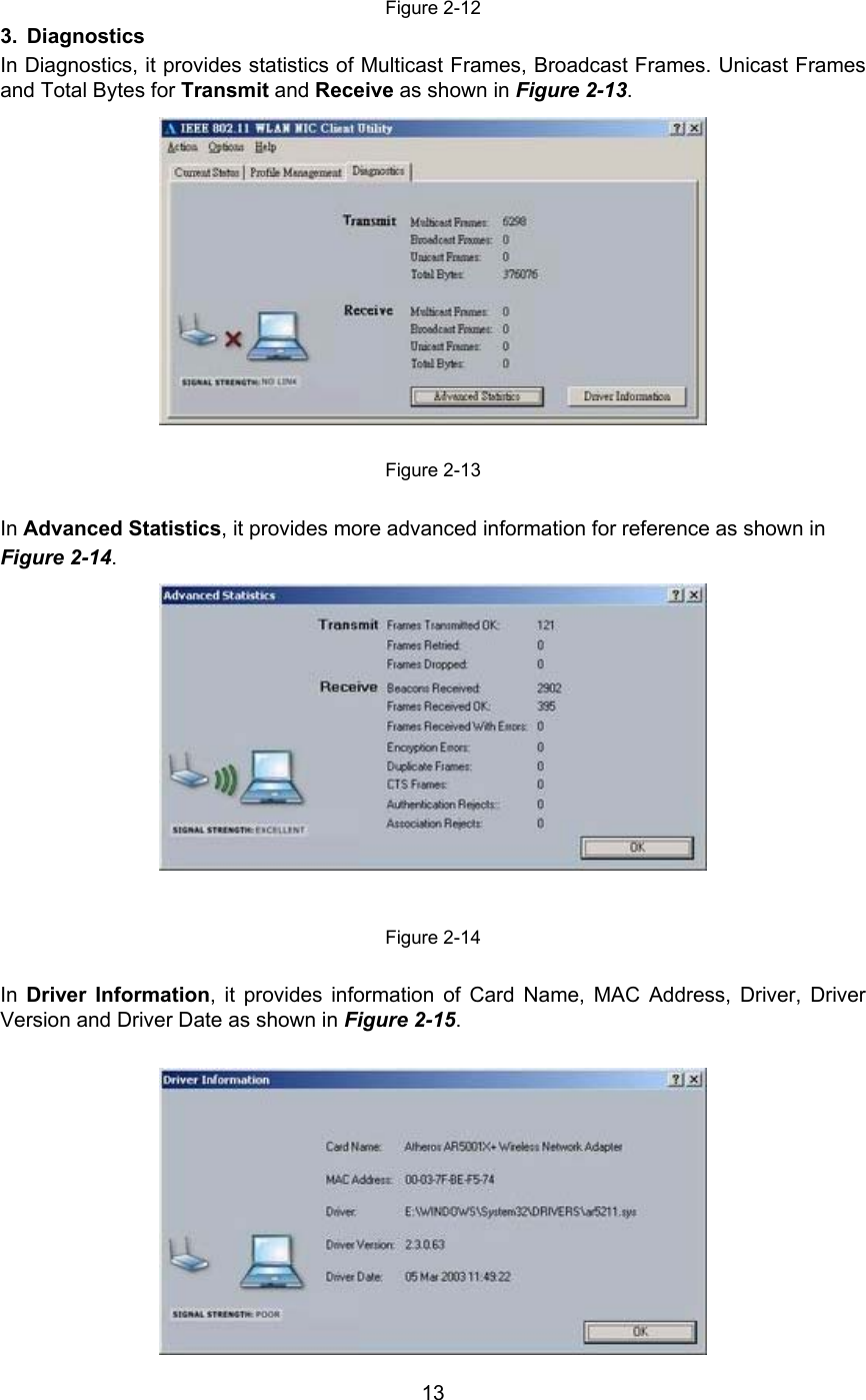 13Figure 2-123. DiagnosticsIn Diagnostics, it provides statistics of Multicast Frames, Broadcast Frames. Unicast Framesand Total Bytes for Transmit and Receive as shown in Figure 2-13.Figure 2-13In Advanced Statistics, it provides more advanced information for reference as shown inFigure 2-14.Figure 2-14In  Driver Information, it provides information of Card Name, MAC Address, Driver, DriverVersion and Driver Date as shown in Figure 2-15.