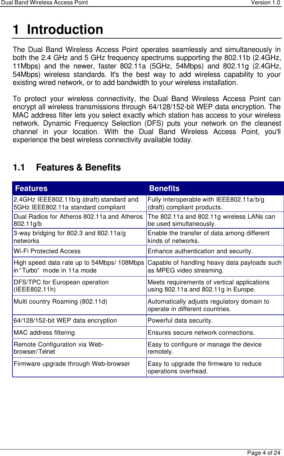 Dual Band Wireless Access Point Version 1.0Page 4 of 241 IntroductionThe Dual Band Wireless Access Point operates seamlessly and simultaneously inboth the 2.4 GHz and 5 GHz frequency spectrums supporting the 802.11b (2.4GHz,11Mbps) and the newer, faster 802.11a (5GHz, 54Mbps) and 802.11g (2.4GHz,54Mbps) wireless standards. It&apos;s the best way to add wireless capability to yourexisting wired network, or to add bandwidth to your wireless installation.To protect your wireless connectivity, the Dual Band Wireless Access Point canencrypt all wireless transmissions through 64/128/152-bit WEP data encryption. TheMAC address filter lets you select exactly which station has access to your wirelessnetwork. Dynamic Frequency Selection (DFS) puts your network on the cleanestchannel in your location. With the Dual Band Wireless Access Point, you&apos;llexperience the best wireless connectivity available today.1.1 Features &amp; BenefitsFeatures Benefits2.4GHz IEEE802.11b/g (draft) standard and5GHz IEEE802.11a standard compliant Fully interoperable with IEEE802.11a/b/g(draft) compliant products.Dual Radios for Atheros 802.11a and Atheros802.11g/b The 802.11a and 802.11g wireless LANs canbe used simultaneously.3-way bridging for 802.3 and 802.11a/gnetworks Enable the transfer of data among differentkinds of networks.Wi-Fi Protected Access Enhance authentication and security.High speed data rate up to 54Mbps/ 108Mbpsin “Turbo”  mode in 11a mode Capable of handling heavy data payloads suchas MPEG video streaming.DFS/TPC for European operation(IEEE802.11h) Meets requirements of vertical applicationsusing 802.11a and 802.11g in Europe.Multi country Roaming (802.11d) Automatically adjusts regulatory domain tooperate in different countries.64/128/152-bit WEP data encryption Powerful data security.MAC address filtering Ensures secure network connections.Remote Configuration via Web-browser/Telnet Easy to configure or manage the deviceremotely.Firmware upgrade through Web-browser Easy to upgrade the firmware to reduceoperations overhead.