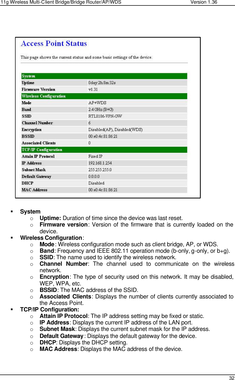 11g Wireless Multi-Client Bridge/Bridge Router/AP/WDS                                                   Version 1.36    32                               § System o Uptime: Duration of time since the device was last reset.  o Firmware version: Version of the firmware that is currently loaded on the device.  § Wireless Configuration: o Mode: Wireless configuration mode such as client bridge, AP, or WDS.  o Band: Frequency and IEEE 802.11 operation mode (b-only, g-only, or b+g). o SSID: The name used to identify the wireless network.  o Channel Number: The channel used to communicate on the wireless network.  o Encryption: The type of security used on this network. It may be disabled, WEP, WPA, etc.  o BSSID: The MAC address of the SSID.  o Associated Clients: Displays the number of clients currently associated to the Access Point.  § TCP/IP Configuration: o Attain IP Protocol: The IP address setting may be fixed or static.  o IP Address: Displays the current IP address of the LAN port.  o Subnet Mask: Displays the current subnet mask for the IP address.  o Default Gateway: Displays the default gateway for the device.  o DHCP: Displays the DHCP setting.  o MAC Address: Displays the MAC address of the device.     