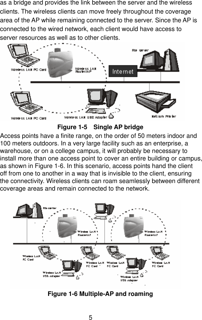  5as a bridge and provides the link between the server and the wireless clients. The wireless clients can move freely throughout the coverage area of the AP while remaining connected to the server. Since the AP is connected to the wired network, each client would have access to server resources as well as to other clients.         Figure 1-5  Single AP bridge Access points have a finite range, on the order of 50 meters indoor and 100 meters outdoors. In a very large facility such as an enterprise, a warehouse, or on a college campus, it will probably be necessary to install more than one access point to cover an entire building or campus, as shown in Figure 1-6. In this scenario, access points hand the client off from one to another in a way that is invisible to the client, ensuring the connectivity. Wireless clients can roam seamlessly between different coverage areas and remain connected to the network.            Figure 1-6 Multiple-AP and roaming 