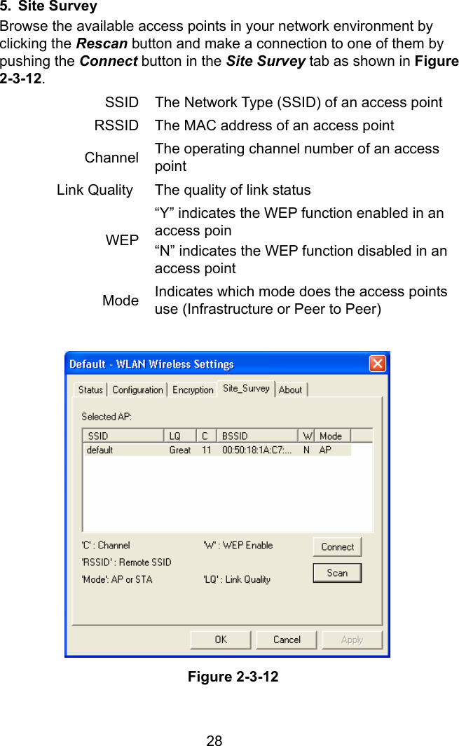  285. Site Survey Browse the available access points in your network environment by clicking the Rescan button and make a connection to one of them by pushing the Connect button in the Site Survey tab as shown in Figure 2-3-12. SSID The Network Type (SSID) of an access point RSSID The MAC address of an access point Channel The operating channel number of an access point Link Quality  The quality of link status WEP“Y” indicates the WEP function enabled in an access poin “N” indicates the WEP function disabled in an access point Mode Indicates which mode does the access points use (Infrastructure or Peer to Peer)                    Figure 2-3-12 