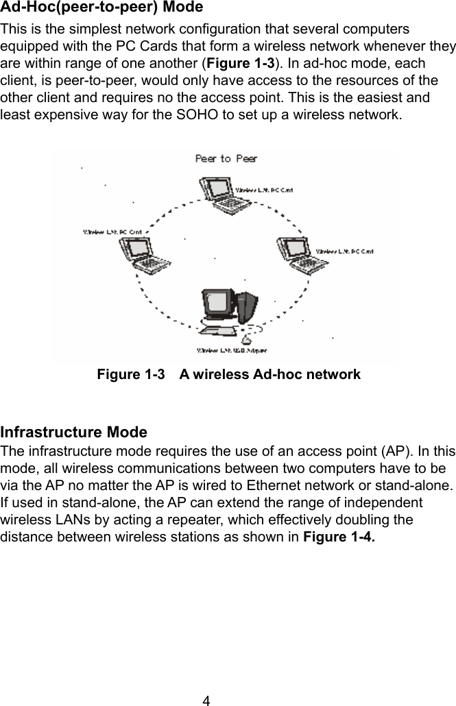  4 Ad-Hoc(peer-to-peer) Mode This is the simplest network configuration that several computers equipped with the PC Cards that form a wireless network whenever they are within range of one another (Figure 1-3). In ad-hoc mode, each client, is peer-to-peer, would only have access to the resources of the other client and requires no the access point. This is the easiest and least expensive way for the SOHO to set up a wireless network.                Figure 1-3  A wireless Ad-hoc network   Infrastructure Mode The infrastructure mode requires the use of an access point (AP). In this mode, all wireless communications between two computers have to be via the AP no matter the AP is wired to Ethernet network or stand-alone. If used in stand-alone, the AP can extend the range of independent wireless LANs by acting a repeater, which effectively doubling the distance between wireless stations as shown in Figure 1-4.     