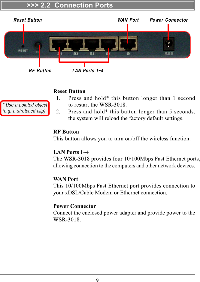 9&gt;&gt;&gt; 2.2  Connection PortsLAN Ports 1~4RF ButtonReset Button WAN Port Power ConnectorReset Button  1. Press and hold* this button longer than 1 secondto restart the WSR-3018.  2. Press and hold* this button longer than 5 seconds,the system will reload the factory default settings.RF ButtonThis button allows you to turn on/off the wireless function.LAN Ports 1~4The WSR-3018 provides four 10/100Mbps Fast Ethernet ports,allowing connection to the computers and other network devices.WAN PortThis 10/100Mbps Fast Ethernet port provides connection toyour xDSL/Cable Modem or Ethernet connection.Power ConnectorConnect the enclosed power adapter and provide power to theWSR-3018.* Use a pointed object(e.g. a stretched clip)