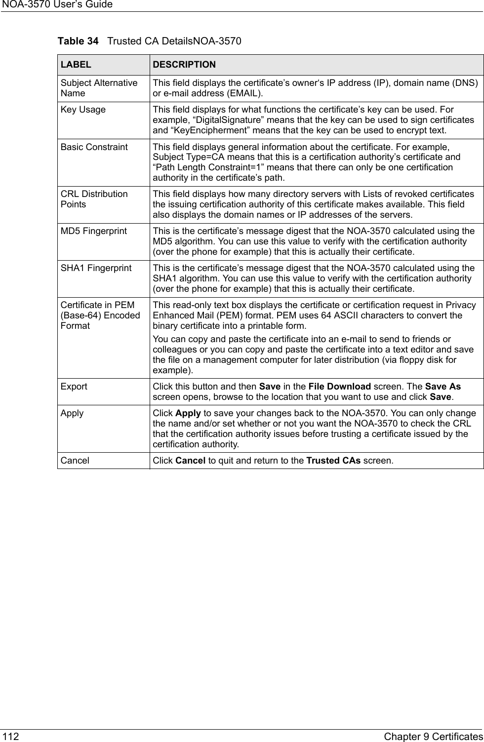 NOA-3570 User’s Guide112 Chapter 9 CertificatesSubject Alternative NameThis field displays the certificate’s owner‘s IP address (IP), domain name (DNS) or e-mail address (EMAIL).Key Usage This field displays for what functions the certificate’s key can be used. For example, “DigitalSignature” means that the key can be used to sign certificates and “KeyEncipherment” means that the key can be used to encrypt text.Basic Constraint This field displays general information about the certificate. For example, Subject Type=CA means that this is a certification authority’s certificate and   “Path Length Constraint=1” means that there can only be one certification authority in the certificate’s path.CRL Distribution PointsThis field displays how many directory servers with Lists of revoked certificates the issuing certification authority of this certificate makes available. This field also displays the domain names or IP addresses of the servers.MD5 Fingerprint This is the certificate’s message digest that the NOA-3570 calculated using the MD5 algorithm. You can use this value to verify with the certification authority (over the phone for example) that this is actually their certificate. SHA1 Fingerprint This is the certificate’s message digest that the NOA-3570 calculated using the SHA1 algorithm. You can use this value to verify with the certification authority (over the phone for example) that this is actually their certificate.Certificate in PEM (Base-64) Encoded FormatThis read-only text box displays the certificate or certification request in Privacy Enhanced Mail (PEM) format. PEM uses 64 ASCII characters to convert the binary certificate into a printable form. You can copy and paste the certificate into an e-mail to send to friends or colleagues or you can copy and paste the certificate into a text editor and save the file on a management computer for later distribution (via floppy disk for example).Export Click this button and then Save in the File Download screen. The Save As screen opens, browse to the location that you want to use and click Save.Apply Click Apply to save your changes back to the NOA-3570. You can only change the name and/or set whether or not you want the NOA-3570 to check the CRL that the certification authority issues before trusting a certificate issued by the certification authority.Cancel Click Cancel to quit and return to the Trusted CAs screen.Table 34   Trusted CA DetailsNOA-3570LABEL DESCRIPTION