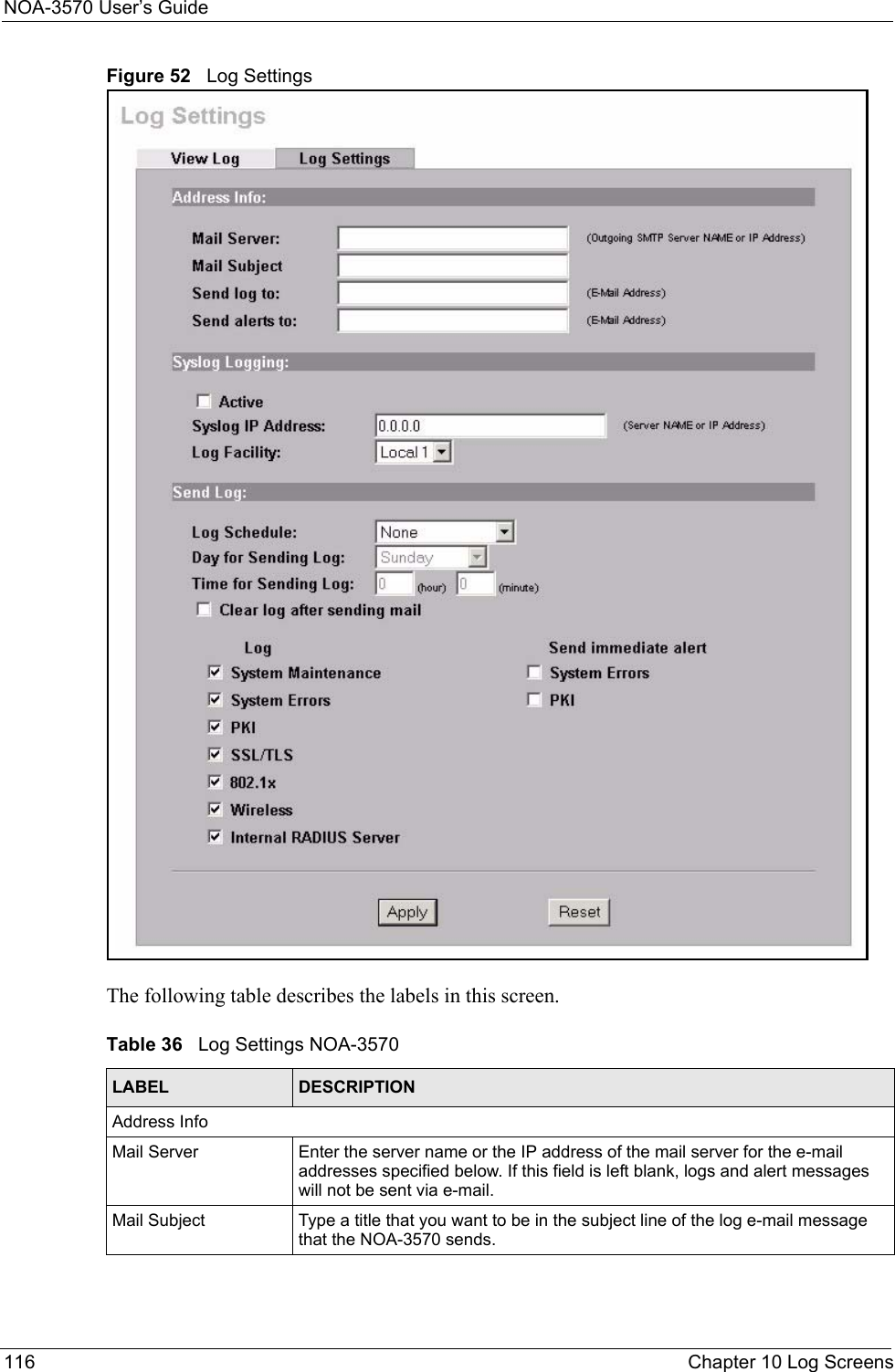 NOA-3570 User’s Guide116 Chapter 10 Log ScreensFigure 52   Log SettingsThe following table describes the labels in this screen.Table 36   Log Settings NOA-3570LABEL DESCRIPTIONAddress InfoMail Server  Enter the server name or the IP address of the mail server for the e-mail addresses specified below. If this field is left blank, logs and alert messages will not be sent via e-mail. Mail Subject Type a title that you want to be in the subject line of the log e-mail message that the NOA-3570 sends. 