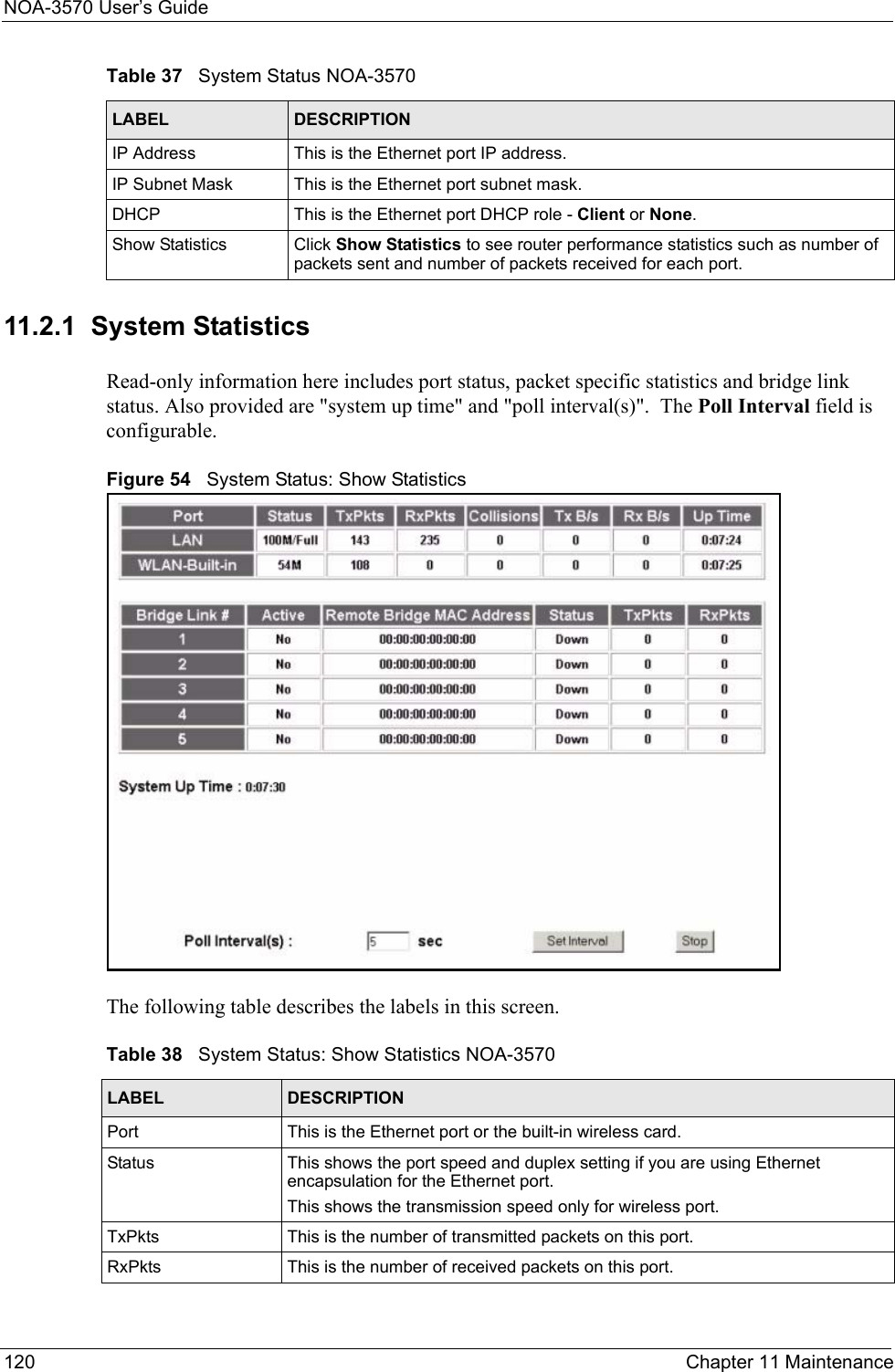 NOA-3570 User’s Guide120 Chapter 11 Maintenance11.2.1  System StatisticsRead-only information here includes port status, packet specific statistics and bridge link status. Also provided are &quot;system up time&quot; and &quot;poll interval(s)&quot;.  The Poll Interval field is configurable.Figure 54   System Status: Show StatisticsThe following table describes the labels in this screen.IP Address This is the Ethernet port IP address. IP Subnet Mask This is the Ethernet port subnet mask. DHCP This is the Ethernet port DHCP role - Client or None. Show Statistics Click Show Statistics to see router performance statistics such as number of packets sent and number of packets received for each port.Table 37   System Status NOA-3570LABEL DESCRIPTIONTable 38   System Status: Show Statistics NOA-3570LABEL DESCRIPTIONPort This is the Ethernet port or the built-in wireless card.  Status This shows the port speed and duplex setting if you are using Ethernet encapsulation for the Ethernet port.This shows the transmission speed only for wireless port.TxPkts This is the number of transmitted packets on this port.RxPkts This is the number of received packets on this port.