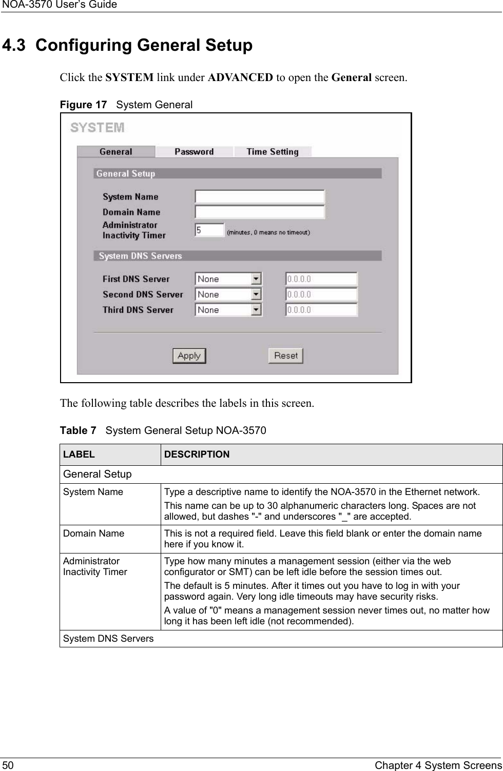 NOA-3570 User’s Guide50 Chapter 4 System Screens4.3  Configuring General Setup Click the SYSTEM link under ADVANCED to open the General screen.Figure 17   System GeneralThe following table describes the labels in this screen.Table 7   System General Setup NOA-3570LABEL DESCRIPTIONGeneral SetupSystem Name Type a descriptive name to identify the NOA-3570 in the Ethernet network. This name can be up to 30 alphanumeric characters long. Spaces are not allowed, but dashes &quot;-&quot; and underscores &quot;_&quot; are accepted. Domain Name This is not a required field. Leave this field blank or enter the domain name here if you know it.Administrator Inactivity TimerType how many minutes a management session (either via the web configurator or SMT) can be left idle before the session times out. The default is 5 minutes. After it times out you have to log in with your password again. Very long idle timeouts may have security risks. A value of &quot;0&quot; means a management session never times out, no matter how long it has been left idle (not recommended). System DNS Servers 