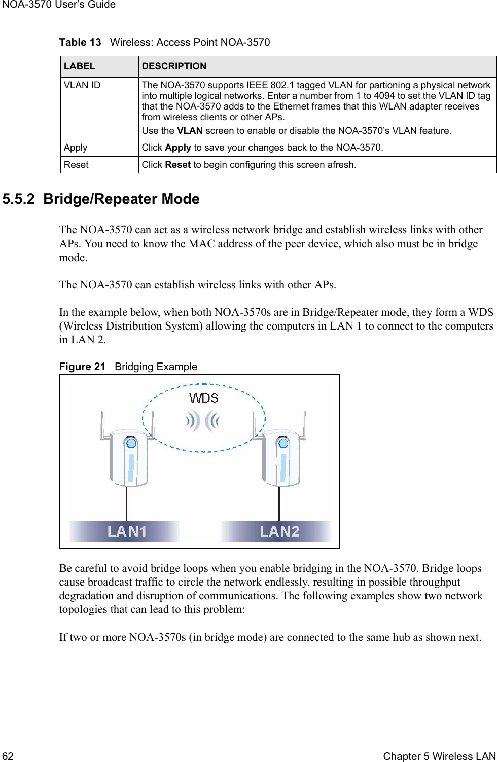 NOA-3570 User’s Guide62 Chapter 5 Wireless LAN5.5.2  Bridge/Repeater ModeThe NOA-3570 can act as a wireless network bridge and establish wireless links with other APs. You need to know the MAC address of the peer device, which also must be in bridge mode. The NOA-3570 can establish wireless links with other APs.In the example below, when both NOA-3570s are in Bridge/Repeater mode, they form a WDS (Wireless Distribution System) allowing the computers in LAN 1 to connect to the computers in LAN 2. Figure 21   Bridging ExampleBe careful to avoid bridge loops when you enable bridging in the NOA-3570. Bridge loops cause broadcast traffic to circle the network endlessly, resulting in possible throughput degradation and disruption of communications. The following examples show two network topologies that can lead to this problem: If two or more NOA-3570s (in bridge mode) are connected to the same hub as shown next.VLAN ID The NOA-3570 supports IEEE 802.1 tagged VLAN for partioning a physical network into multiple logical networks. Enter a number from 1 to 4094 to set the VLAN ID tag that the NOA-3570 adds to the Ethernet frames that this WLAN adapter receives from wireless clients or other APs. Use the VLAN screen to enable or disable the NOA-3570’s VLAN feature.Apply Click Apply to save your changes back to the NOA-3570.Reset Click Reset to begin configuring this screen afresh.Table 13   Wireless: Access Point NOA-3570LABEL DESCRIPTION