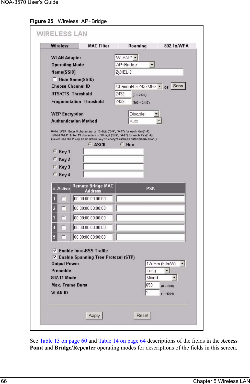 NOA-3570 User’s Guide66 Chapter 5 Wireless LANFigure 25   Wireless: AP+BridgeSee Table 13 on page 60 and Table 14 on page 64 descriptions of the fields in the Access Point and Bridge/Repeater operating modes for descriptions of the fields in this screen. 