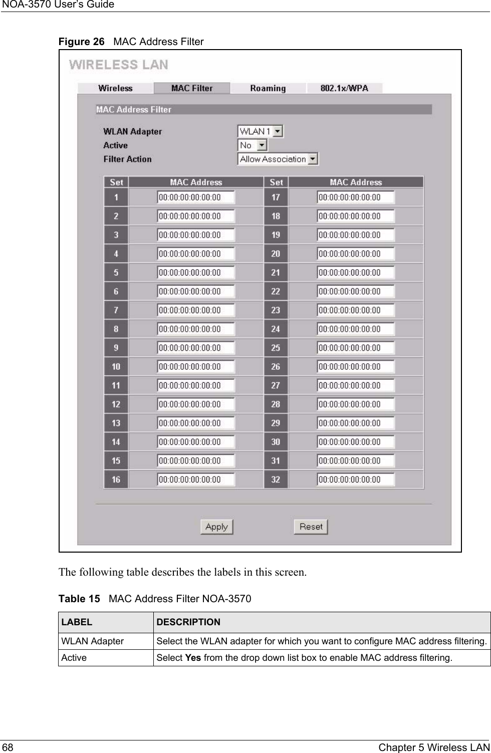 NOA-3570 User’s Guide68 Chapter 5 Wireless LANFigure 26   MAC Address FilterThe following table describes the labels in this screen.Table 15   MAC Address Filter NOA-3570LABEL DESCRIPTIONWLAN Adapter Select the WLAN adapter for which you want to configure MAC address filtering.Active Select Yes from the drop down list box to enable MAC address filtering.