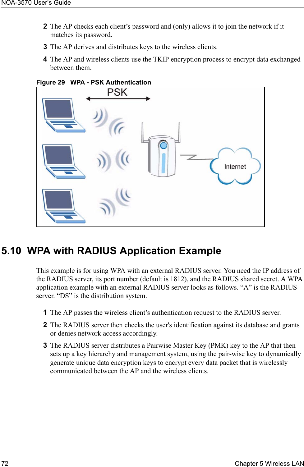 NOA-3570 User’s Guide72 Chapter 5 Wireless LAN2The AP checks each client’s password and (only) allows it to join the network if it matches its password.3The AP derives and distributes keys to the wireless clients.4The AP and wireless clients use the TKIP encryption process to encrypt data exchanged between them.Figure 29   WPA - PSK Authentication5.10  WPA with RADIUS Application ExampleThis example is for using WPA with an external RADIUS server. You need the IP address of the RADIUS server, its port number (default is 1812), and the RADIUS shared secret. A WPA application example with an external RADIUS server looks as follows. “A” is the RADIUS server. “DS” is the distribution system.1The AP passes the wireless client’s authentication request to the RADIUS server.2The RADIUS server then checks the user&apos;s identification against its database and grants or denies network access accordingly.3The RADIUS server distributes a Pairwise Master Key (PMK) key to the AP that then sets up a key hierarchy and management system, using the pair-wise key to dynamically generate unique data encryption keys to encrypt every data packet that is wirelessly communicated between the AP and the wireless clients. 