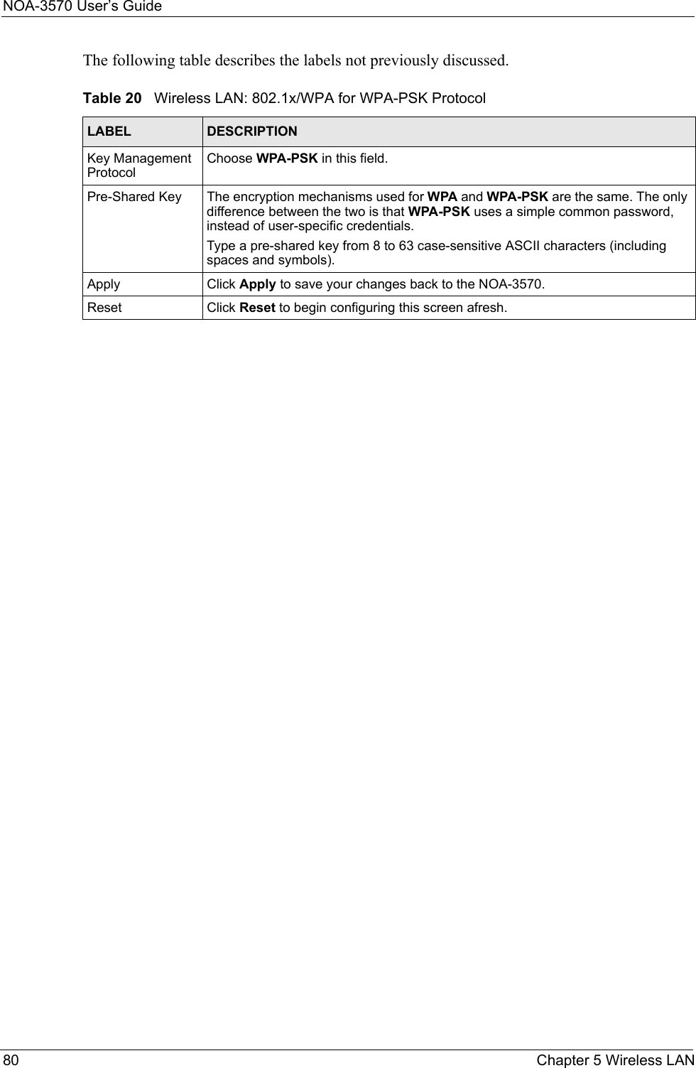 NOA-3570 User’s Guide80 Chapter 5 Wireless LANThe following table describes the labels not previously discussed.Table 20   Wireless LAN: 802.1x/WPA for WPA-PSK ProtocolLABEL DESCRIPTIONKey Management ProtocolChoose WPA-PSK in this field.Pre-Shared Key The encryption mechanisms used for WPA and WPA-PSK are the same. The only difference between the two is that WPA-PSK uses a simple common password, instead of user-specific credentials.Type a pre-shared key from 8 to 63 case-sensitive ASCII characters (including spaces and symbols).Apply Click Apply to save your changes back to the NOA-3570.Reset Click Reset to begin configuring this screen afresh.