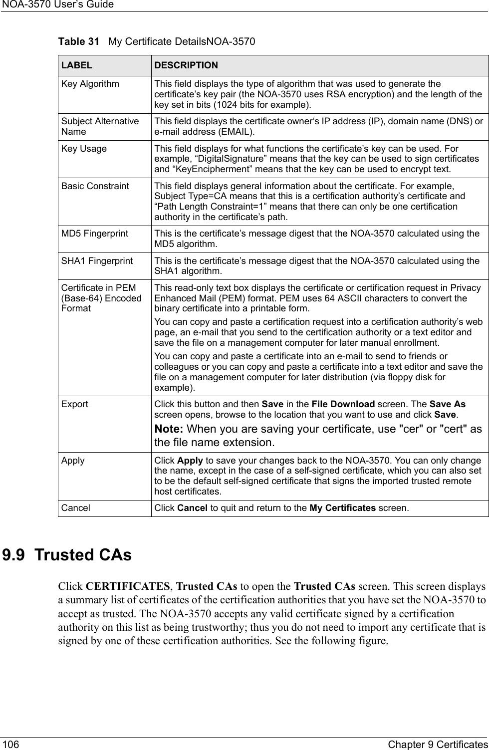 NOA-3570 User’s Guide106 Chapter 9 Certificates9.9  Trusted CAsClick CERTIFICATES, Trusted CAs to open the Trusted CAs screen. This screen displays a summary list of certificates of the certification authorities that you have set the NOA-3570 to accept as trusted. The NOA-3570 accepts any valid certificate signed by a certification authority on this list as being trustworthy; thus you do not need to import any certificate that is signed by one of these certification authorities. See the following figure. Key Algorithm This field displays the type of algorithm that was used to generate the certificate’s key pair (the NOA-3570 uses RSA encryption) and the length of the key set in bits (1024 bits for example).Subject Alternative NameThis field displays the certificate owner‘s IP address (IP), domain name (DNS) or e-mail address (EMAIL). Key Usage This field displays for what functions the certificate’s key can be used. For example, “DigitalSignature” means that the key can be used to sign certificates and “KeyEncipherment” means that the key can be used to encrypt text.Basic Constraint This field displays general information about the certificate. For example, Subject Type=CA means that this is a certification authority’s certificate and   “Path Length Constraint=1” means that there can only be one certification authority in the certificate’s path.MD5 Fingerprint This is the certificate’s message digest that the NOA-3570 calculated using the MD5 algorithm. SHA1 Fingerprint This is the certificate’s message digest that the NOA-3570 calculated using the SHA1 algorithm. Certificate in PEM (Base-64) Encoded FormatThis read-only text box displays the certificate or certification request in Privacy Enhanced Mail (PEM) format. PEM uses 64 ASCII characters to convert the binary certificate into a printable form. You can copy and paste a certification request into a certification authority’s web page, an e-mail that you send to the certification authority or a text editor and save the file on a management computer for later manual enrollment.You can copy and paste a certificate into an e-mail to send to friends or colleagues or you can copy and paste a certificate into a text editor and save the file on a management computer for later distribution (via floppy disk for example).Export Click this button and then Save in the File Download screen. The Save As screen opens, browse to the location that you want to use and click Save.Note: When you are saving your certificate, use &quot;cer&quot; or &quot;cert&quot; as the file name extension.Apply Click Apply to save your changes back to the NOA-3570. You can only change the name, except in the case of a self-signed certificate, which you can also set to be the default self-signed certificate that signs the imported trusted remote host certificates.Cancel Click Cancel to quit and return to the My Certificates screen.Table 31   My Certificate DetailsNOA-3570LABEL DESCRIPTION