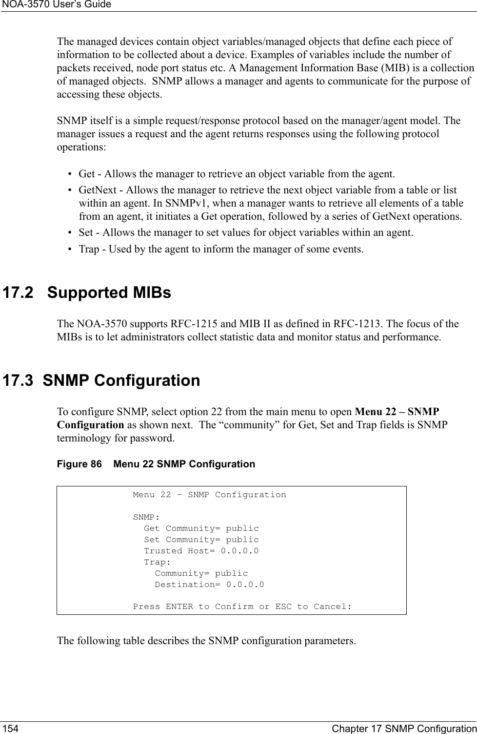 NOA-3570 User’s Guide154 Chapter 17 SNMP ConfigurationThe managed devices contain object variables/managed objects that define each piece of information to be collected about a device. Examples of variables include the number of packets received, node port status etc. A Management Information Base (MIB) is a collection of managed objects.  SNMP allows a manager and agents to communicate for the purpose of accessing these objects.SNMP itself is a simple request/response protocol based on the manager/agent model. The manager issues a request and the agent returns responses using the following protocol operations:• Get - Allows the manager to retrieve an object variable from the agent. • GetNext - Allows the manager to retrieve the next object variable from a table or list within an agent. In SNMPv1, when a manager wants to retrieve all elements of a table from an agent, it initiates a Get operation, followed by a series of GetNext operations. • Set - Allows the manager to set values for object variables within an agent. • Trap - Used by the agent to inform the manager of some events.17.2   Supported MIBsThe NOA-3570 supports RFC-1215 and MIB II as defined in RFC-1213. The focus of the MIBs is to let administrators collect statistic data and monitor status and performance.17.3  SNMP ConfigurationTo configure SNMP, select option 22 from the main menu to open Menu 22 – SNMP Configuration as shown next.  The “community” for Get, Set and Trap fields is SNMP terminology for password.Figure 86    Menu 22 SNMP ConfigurationThe following table describes the SNMP configuration parameters.Menu 22 - SNMP ConfigurationSNMP:  Get Community= public  Set Community= public  Trusted Host= 0.0.0.0  Trap:    Community= public    Destination= 0.0.0.0Press ENTER to Confirm or ESC to Cancel: