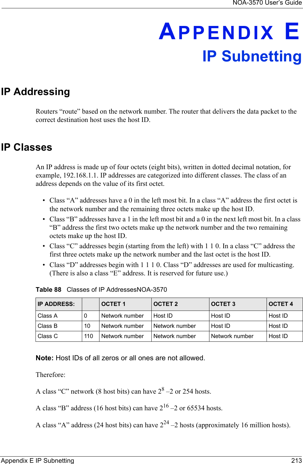 NOA-3570 User’s GuideAppendix E IP Subnetting 213APPENDIX EIP SubnettingIP Addressing Routers “route” based on the network number. The router that delivers the data packet to the correct destination host uses the host ID. IP ClassesAn IP address is made up of four octets (eight bits), written in dotted decimal notation, for example, 192.168.1.1. IP addresses are categorized into different classes. The class of an address depends on the value of its first octet. • Class “A” addresses have a 0 in the left most bit. In a class “A” address the first octet is the network number and the remaining three octets make up the host ID.• Class “B” addresses have a 1 in the left most bit and a 0 in the next left most bit. In a class “B” address the first two octets make up the network number and the two remaining octets make up the host ID.• Class “C” addresses begin (starting from the left) with 1 1 0. In a class “C” address the first three octets make up the network number and the last octet is the host ID.• Class “D” addresses begin with 1 1 1 0. Class “D” addresses are used for multicasting. (There is also a class “E” address. It is reserved for future use.) Note: Host IDs of all zeros or all ones are not allowed.Therefore:A class “C” network (8 host bits) can have 28 –2 or 254 hosts. A class “B” address (16 host bits) can have 216 –2 or 65534 hosts. A class “A” address (24 host bits) can have 224 –2 hosts (approximately 16 million hosts). Table 88   Classes of IP AddressesNOA-3570IP ADDRESS: OCTET 1 OCTET 2 OCTET 3 OCTET 4Class A 0Network number Host ID Host ID Host IDClass B 10 Network number Network number Host ID Host IDClass C 110 Network number Network number Network number Host ID