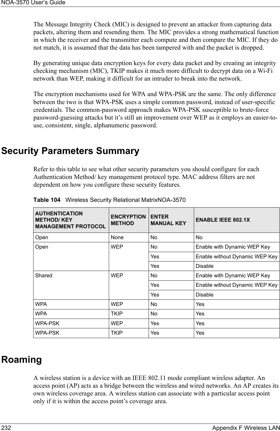 NOA-3570 User’s Guide232 Appendix F Wireless LANThe Message Integrity Check (MIC) is designed to prevent an attacker from capturing data packets, altering them and resending them. The MIC provides a strong mathematical function in which the receiver and the transmitter each compute and then compare the MIC. If they do not match, it is assumed that the data has been tampered with and the packet is dropped. By generating unique data encryption keys for every data packet and by creating an integrity checking mechanism (MIC), TKIP makes it much more difficult to decrypt data on a Wi-Fi network than WEP, making it difficult for an intruder to break into the network. The encryption mechanisms used for WPA and WPA-PSK are the same. The only difference between the two is that WPA-PSK uses a simple common password, instead of user-specific credentials. The common-password approach makes WPA-PSK susceptible to brute-force password-guessing attacks but it’s still an improvement over WEP as it employs an easier-to-use, consistent, single, alphanumeric password.Security Parameters SummaryRefer to this table to see what other security parameters you should configure for each Authentication Method/ key management protocol type. MAC address filters are not dependent on how you configure these security features.RoamingA wireless station is a device with an IEEE 802.11 mode compliant wireless adapter. An access point (AP) acts as a bridge between the wireless and wired networks. An AP creates its own wireless coverage area. A wireless station can associate with a particular access point only if it is within the access point’s coverage area.Table 104   Wireless Security Relational MatrixNOA-3570AUTHENTICATION METHOD/ KEY MANAGEMENT PROTOCOLENCRYPTION METHODENTER MANUAL KEY ENABLE IEEE 802.1X Open None No NoOpen WEP No Enable with Dynamic WEP Key Yes Enable without Dynamic WEP KeyYes Disable Shared WEP  No Enable with Dynamic WEP KeyYes Enable without Dynamic WEP KeyYes Disable WPA WEP No YesWPA TKIP No YesWPA-PSK WEP Yes Yes WPA-PSK TKIP Yes Yes
