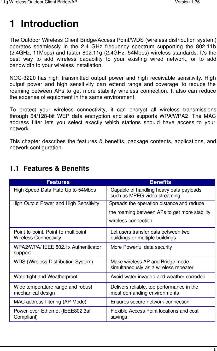 11g Wireless Outdoor Client Bridge/AP                Version 1.36    5  1 Introduction  The Outdoor Wireless Client Bridge/Access Point/WDS (wireless distribution system) operates seamlessly in the 2.4 GHz frequency spectrum supporting the 802.11b (2.4GHz, 11Mbps) and faster 802.11g (2.4GHz, 54Mbps) wireless standards. It&apos;s the best way to add wireless capability to your existing wired network, or to add bandwidth to your wireless installation.  NOC-3220 has high  transmitted output power and high receivable sensitivity. High output  power  and  high  sensitivity  can extend range and coverage  to reduce the roaming between APs to get more stability wireless connection. It also can reduce the expense of equipment in the same environment.  To protect your wireless connectivity, it can encrypt all wireless transmissions through 64/128-bit WEP data encryption and also supports WPA/WPA2. The MAC address filter lets you select exactly which stations should have access to your network.   This chapter describes the features &amp; benefits, package contents, applications, and network configuration.   1.1 Features &amp; Benefits Features Benefits High Speed Data Rate Up to 54Mbps Capable of handling heavy data payloads such as MPEG video streaming High Output Power and High Sensitivity Spreads the operation distance and reduce the roaming between APs to get more stability wireless connection Point-to-point, Point-to-multipoint Wireless Connectivity Let users transfer data between two buildings or multiple buildings WPA2/WPA/ IEEE 802.1x Authenticator support More Powerful data security WDS (Wireless Distribution System) Make wireless AP and Bridge mode simultaneously as a wireless repeater Watertight and Weatherproof Avoid water invaded and weather corroded Wide temperature range and robust mechanical design Delivers reliable, top performance in the most demanding environments MAC address filtering (AP Mode) Ensures secure network connection Power-over-Ethernet (IEEE802.3af Compliant) Flexible Access Point locations and cost savings   