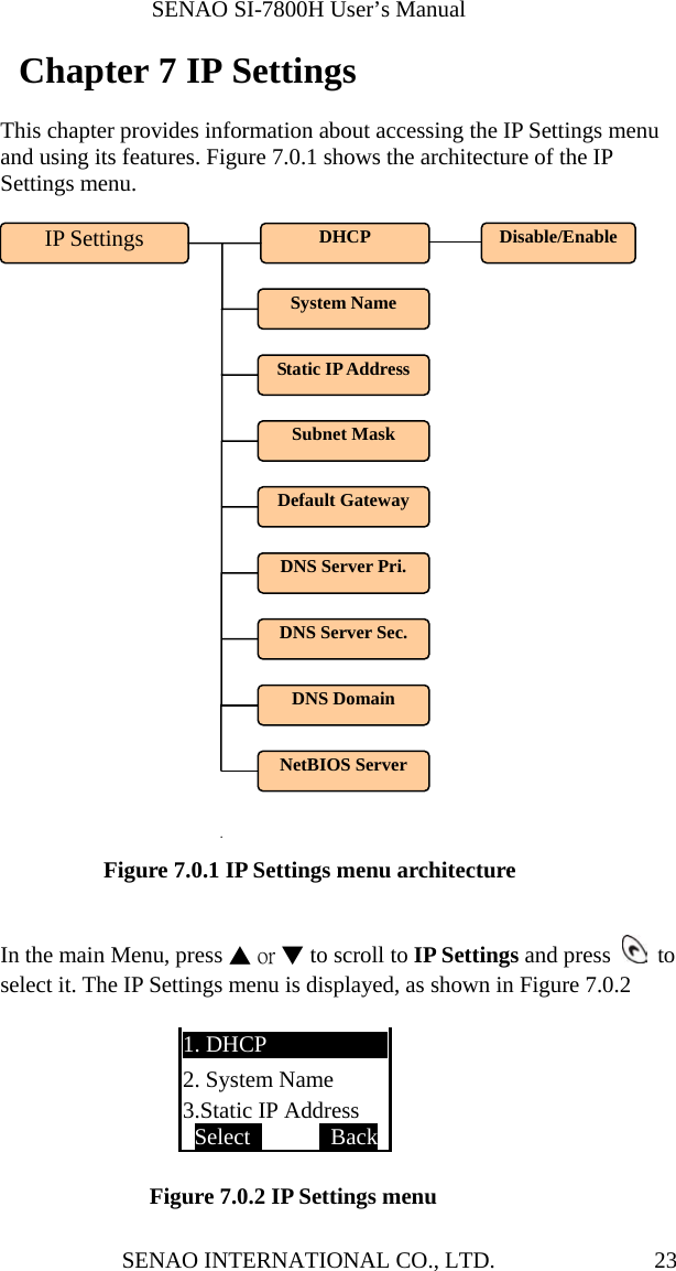              SENAO SI-7800H User’s Manual SENAO INTERNATIONAL CO., LTD.  23  Chapter 7 IP Settings  This chapter provides information about accessing the IP Settings menu and using its features. Figure 7.0.1 shows the architecture of the IP Settings menu.            Figure 7.0.1 IP Settings menu architecture   In the main Menu, press ▲ or ▼ to scroll to IP Settings and press   to select it. The IP Settings menu is displayed, as shown in Figure 7.0.2                     Figure 7.0.2 IP Settings menu 1. DHCP 2. System Name 3.Static IP Address Select        BackIP Settings Default GatewaySubnet Mask Static IP AddressSystem Name DHCP DNS Server Sec. DNS Server Pri. Disable/EnableDNS Domain NetBIOS Server 