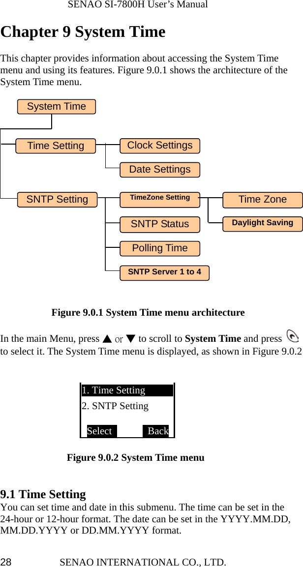              SENAO SI-7800H User’s Manual SENAO INTERNATIONAL CO., LTD.  28Chapter 9 System Time  This chapter provides information about accessing the System Time menu and using its features. Figure 9.0.1 shows the architecture of the System Time menu.    Figure 9.0.1 System Time menu architecture    In the main Menu, press ▲ or ▼ to scroll to System Time and press   to select it. The System Time menu is displayed, as shown in Figure 9.0.2                      Figure 9.0.2 System Time menu   9.1 Time Setting You can set time and date in this submenu. The time can be set in the 24-hour or 12-hour format. The date can be set in the YYYY.MM.DD, MM.DD.YYYY or DD.MM.YYYY format. 1. Time Setting 2. SNTP Setting  Select        BackSystem Time Clock SettingsDaylight Saving Time Zone TimeZone SettingTime Setting Date SettingsSNTP Setting Polling TimeSNTP StatusSNTP Server 1 to 4