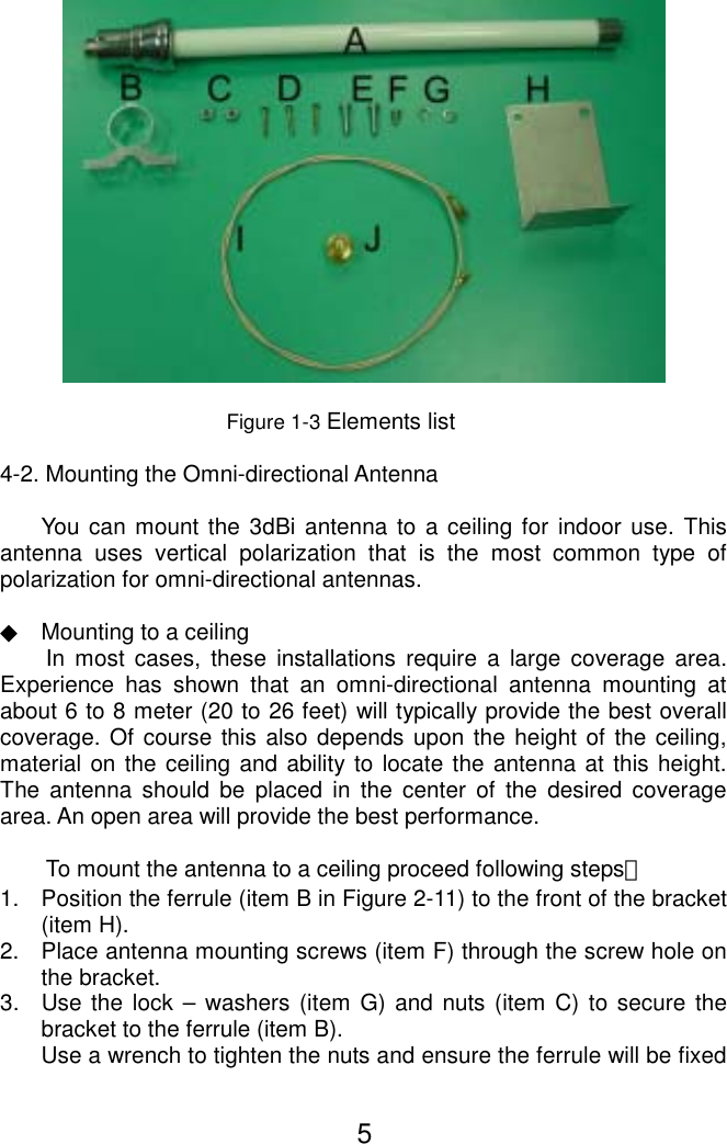    Figure 1-3 Elements list  4-2. Mounting the Omni-directional Antenna  You can mount the 3dBi antenna to a ceiling for indoor use. This antenna uses vertical polarization that is the most common type of polarization for omni-directional antennas.    ◆  Mounting to a ceiling In most cases, these installations require a large coverage area. Experience has shown that an omni-directional antenna mounting at about 6 to 8 meter (20 to 26 feet) will typically provide the best overall coverage. Of course this also depends upon the height of the ceiling, material on the ceiling and ability to locate the antenna at this height. The antenna should be placed in the center of the desired coverage area. An open area will provide the best performance.    To mount the antenna to a ceiling proceed following steps： 1.  Position the ferrule (item B in Figure 2-11) to the front of the bracket (item H).   2.  Place antenna mounting screws (item F) through the screw hole on the bracket. 3.  Use the lock – washers (item G) and nuts (item C) to secure the bracket to the ferrule (item B). Use a wrench to tighten the nuts and ensure the ferrule will be fixed 5