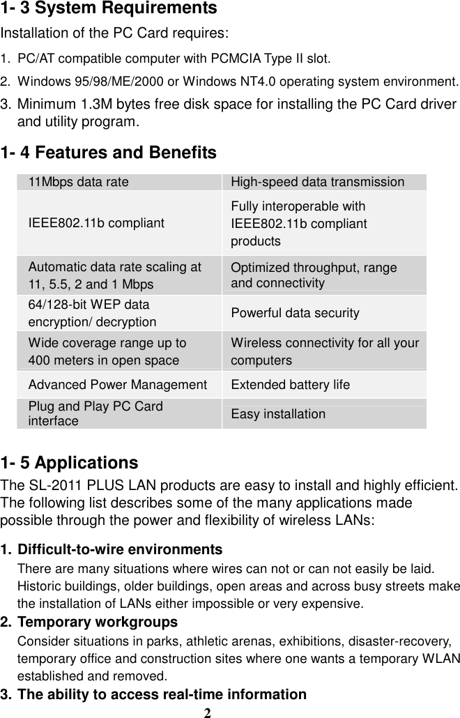 1- 3 System Requirements Installation of the PC Card requires: 1.  PC/AT compatible computer with PCMCIA Type II slot. 2.  Windows 95/98/ME/2000 or Windows NT4.0 operating system environment. 3. Minimum 1.3M bytes free disk space for installing the PC Card driver and utility program. 1- 4 Features and Benefits 11Mbps data rate  High-speed data transmission IEEE802.11b compliant Fully interoperable with   IEEE802.11b compliant   products Automatic data rate scaling at   11, 5.5, 2 and 1 Mbps Optimized throughput, range   and connectivity 64/128-bit WEP data   encryption/ decryption Powerful data security Wide coverage range up to   400 meters in open space Wireless connectivity for all your computers Advanced Power Management  Extended battery life Plug and Play PC Card   interface  Easy installation  1- 5 Applications The SL-2011 PLUS LAN products are easy to install and highly efficient. The following list describes some of the many applications made possible through the power and flexibility of wireless LANs:  1. Difficult-to-wire environments There are many situations where wires can not or can not easily be laid. Historic buildings, older buildings, open areas and across busy streets make the installation of LANs either impossible or very expensive. 2. Temporary workgroups Consider situations in parks, athletic arenas, exhibitions, disaster-recovery, temporary office and construction sites where one wants a temporary WLAN established and removed. 3. The ability to access real-time information 2 