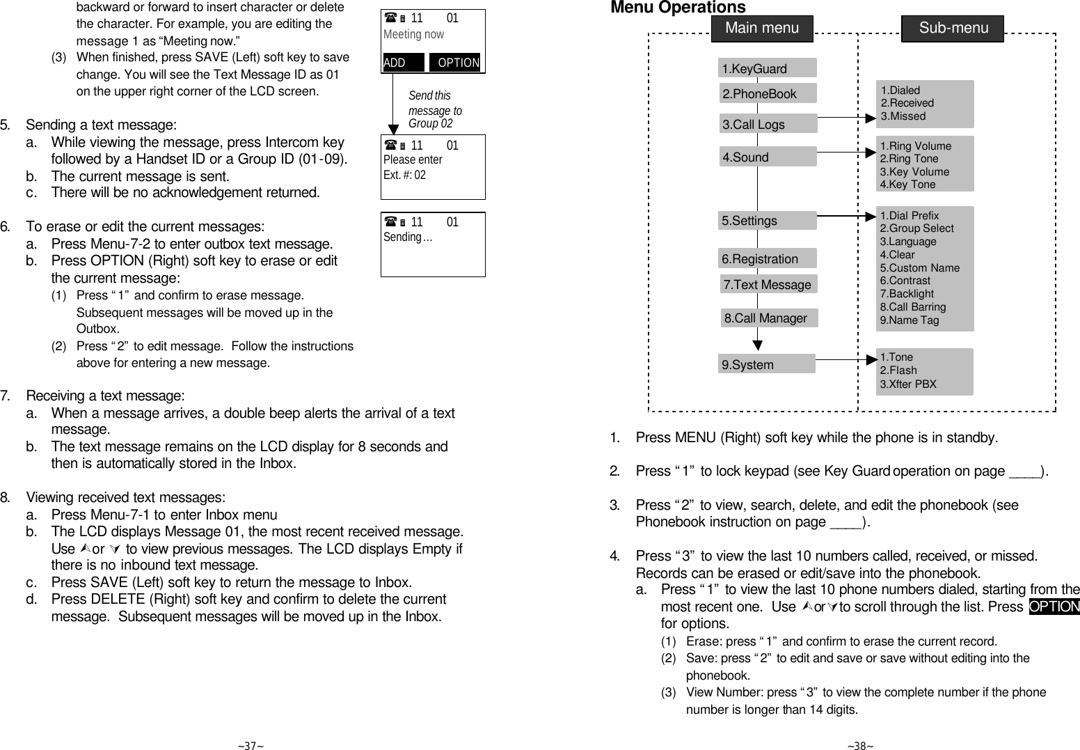   ~37~ backward or forward to insert character or delete the character. For example, you are editing the message 1 as “Meeting now.”     (3) When finished, press SAVE (Left) soft key to save change. You will see the Text Message ID as 01 on the upper right corner of the LCD screen.     5. Sending a text message:  a. While viewing the message, press Intercom key followed by a Handset ID or a Group ID (01-09).  b. The current message is sent.  c. There will be no acknowledgement returned.      6. To erase or edit the current messages:  a. Press Menu-7-2 to enter outbox text message.  b. Press OPTION (Right) soft key to erase or edit the current message:     (1) Press “1” and confirm to erase message. Subsequent messages will be moved up in the Outbox.     (2) Press “2” to edit message.  Follow the instructions above for entering a new message.  7. Receiving a text message:  a. When a message arrives, a double beep alerts the arrival of a text message.  b. The text message remains on the LCD display for 8 seconds and then is automatically stored in the Inbox.    8. Viewing received text messages:  a. Press Menu-7-1 to enter Inbox menu  b. The LCD displays Message 01, the most recent received message.  Use Ùor Ú to view previous messages. The LCD displays Empty if there is no inbound text message.   c. Press SAVE (Left) soft key to return the message to Inbox.  d. Press DELETE (Right) soft key and confirm to delete the current message.  Subsequent messages will be moved up in the Inbox.  (Ë 11       01       Meeting now  ADD12     OOPTION  (Ë 11       01       Please enter Ext. #: 02  Send this message to Group 02 (Ë 11       01       Sending…    ~38~ Menu Operations      1. Press MENU (Right) soft key while the phone is in standby.      2. Press “1” to lock keypad (see Key Guard operation on page ____).      3. Press “2” to view, search, delete, and edit the phonebook (see Phonebook instruction on page ____).    4. Press “3” to view the last 10 numbers called, received, or missed.  Records can be erased or edit/save into the phonebook.  a. Press “1” to view the last 10 phone numbers dialed, starting from the most recent one.  Use ÙorÚto scroll through the list. Press OPTION for options.     (1) Erase: press “1” and confirm to erase the current record.     (2) Save: press “2” to edit and save or save without editing into the phonebook.     (3) View Number: press “3” to view the complete number if the phone number is longer than 14 digits. Main menu Sub-menu 1.KeyGuard     2.PhoneBook     1.Dialed    2.Received 3.Missed 1.Ring Volume   2.Ring Tone 3.Key Volume 4.Key Tone 1.Dial Prefix   2.Group Select 3.Language 4.Clear 5.Custom Name 6.Contrast 7.Backlight 8.Call Barring 9.Name Tag 6.Registration     7.Text Message 5.Settings     4.Sound     3.Call Logs     8.Call Manager 1.Tone    2.Flash 3.Xfter PBX 9.System 