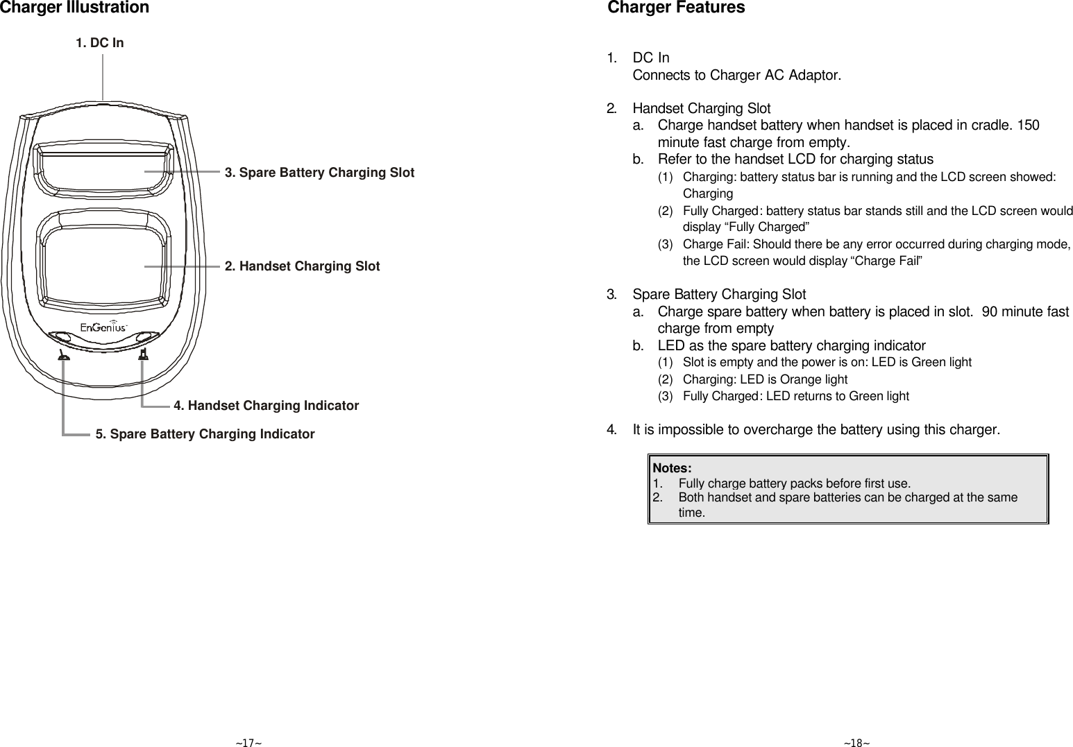   ~17~ Charger Illustration  1. DC In2. Handset Charging Slot3. Spare Battery Charging Slot4. Handset Charging Indicator5. Spare Battery Charging Indicator   ~18~ Charger Features   1. DC In  Connects to Charger AC Adaptor.      2. Handset Charging Slot  a. Charge handset battery when handset is placed in cradle. 150 minute fast charge from empty.  b. Refer to the handset LCD for charging status     (1) Charging: battery status bar is running and the LCD screen showed: Charging     (2) Fully Charged: battery status bar stands still and the LCD screen would display “Fully Charged”     (3) Charge Fail: Should there be any error occurred during charging mode, the LCD screen would display “Charge Fail”      3. Spare Battery Charging Slot  a. Charge spare battery when battery is placed in slot.  90 minute fast charge from empty  b. LED as the spare battery charging indicator     (1) Slot is empty and the power is on: LED is Green light     (2) Charging: LED is Orange light     (3) Fully Charged: LED returns to Green light      4. It is impossible to overcharge the battery using this charger.  Notes:  1. Fully charge battery packs before first use. 2. Both handset and spare batteries can be charged at the same time. 