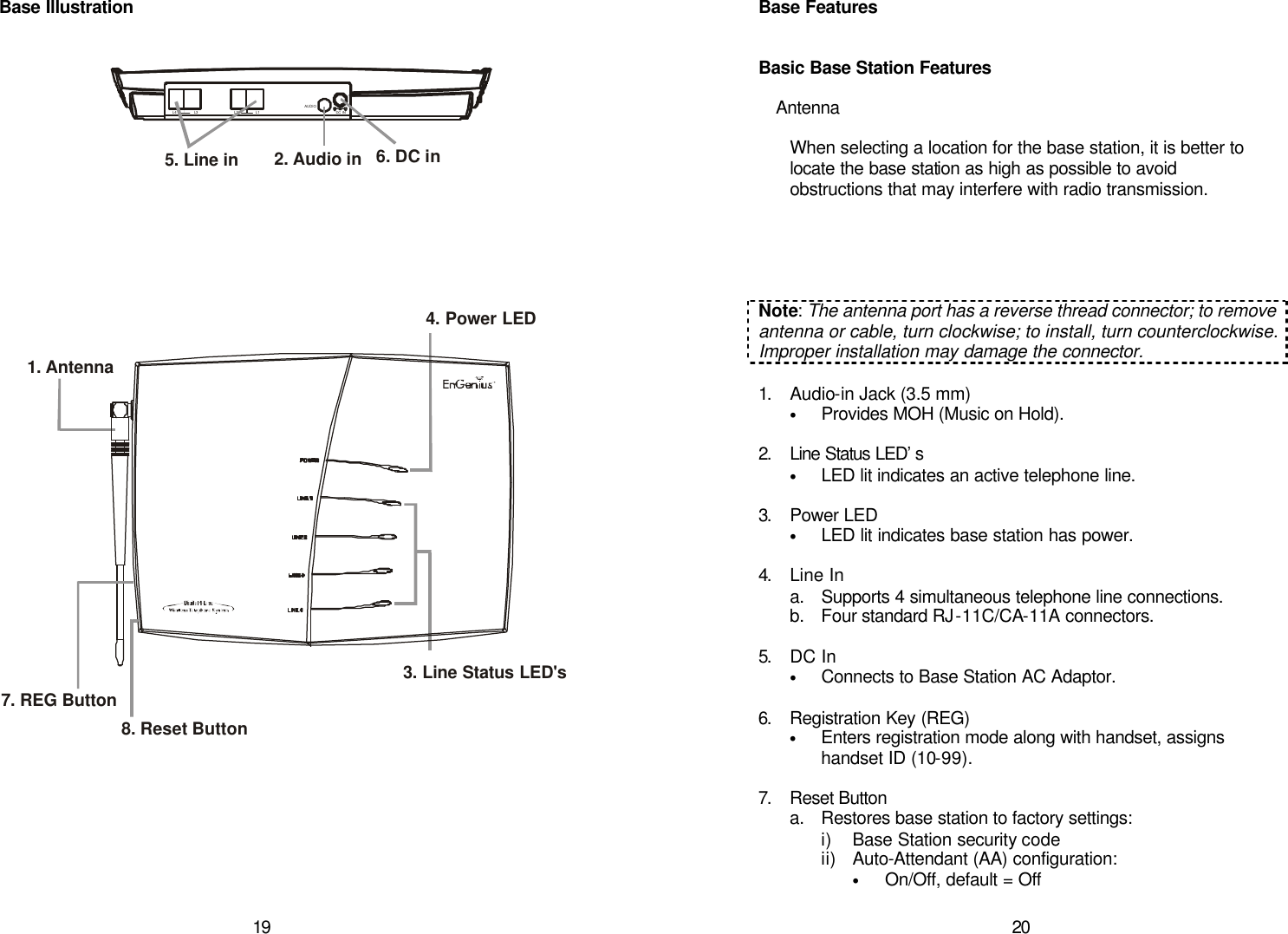   19 Base Illustration   1. Antenna3. Line Status LED&apos;s4. Power LEDAUDIOL4 L2DC  INL3 L15. Line in 2. Audio in 6. DC in7. REG Button8. Reset Button   20 Base Features   Basic Base Station Features  Antenna  When selecting a location for the base station, it is better to locate the base station as high as possible to avoid obstructions that may interfere with radio transmission.      Note: The antenna port has a reverse thread connector; to remove antenna or cable, turn clockwise; to install, turn counterclockwise.  Improper installation may damage the connector.  1. Audio-in Jack (3.5 mm) • Provides MOH (Music on Hold).  2. Line Status LED’s  • LED lit indicates an active telephone line.  3. Power LED • LED lit indicates base station has power.  4. Line In a. Supports 4 simultaneous telephone line connections. b. Four standard RJ-11C/CA-11A connectors.  5. DC In • Connects to Base Station AC Adaptor.  6. Registration Key (REG) • Enters registration mode along with handset, assigns handset ID (10-99).  7. Reset Button  a. Restores base station to factory settings: i) Base Station security code ii) Auto-Attendant (AA) configuration: • On/Off, default = Off 