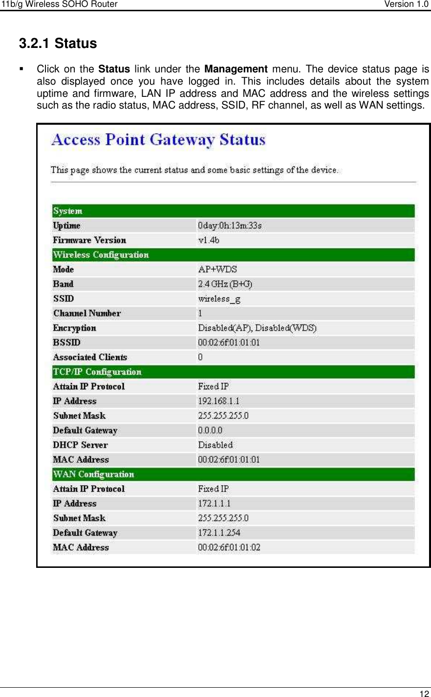 11b/g Wireless SOHO Router                                     Version 1.0    12  3.2.1 Status   Click on the Status link under the Management menu. The  device status  page is also  displayed  once  you  have  logged  in.  This  includes  details  about  the  system uptime and firmware, LAN IP address and MAC address and the wireless settings such as the radio status, MAC address, SSID, RF channel, as well as WAN settings.                                               