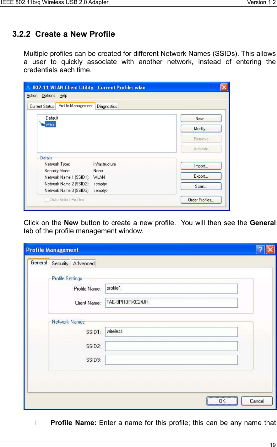 IEEE 802.11b/g Wireless USB 2.0 Adapter    Version 1.2   19  3.2.2  Create a New Profile   Multiple profiles can be created for different Network Names (SSIDs). This allows a user to quickly associate with another network, instead of entering the credentials each time.      Click on the New button to create a new profile.  You will then see the General tab of the profile management window.        Profile Name: Enter a name for this profile; this can be any name that 