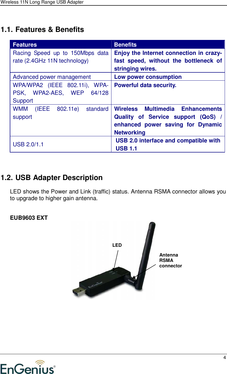 Wireless 11N Long Range USB Adapter  4   1.1. Features &amp; Benefits Features  Benefits Racing  Speed  up  to  150Mbps  data rate (2.4GHz 11N technology) Enjoy the Internet connection in crazy-fast  speed,  without  the  bottleneck  of stringing wires. Advanced power management  Low power consumption WPA/WPA2  (IEEE  802.11i),  WPA-PSK,  WPA2-AES,  WEP  64/128 Support Powerful data security. WMM  (IEEE  802.11e)  standard support  Wireless  Multimedia  Enhancements Quality  of  Service  support  (QoS)  / enhanced  power  saving  for  Dynamic Networking USB 2.0/1.1  USB 2.0 interface and compatible with USB 1.1    1.2. USB Adapter Description LED shows the Power and Link (traffic) status. Antenna RSMA connector allows you to upgrade to higher gain antenna.    EUB9603 EXT          LED Antenna RSMA connector 