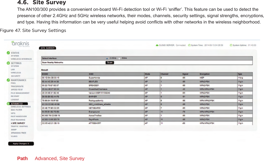 4.6.  Site SurveyThe AN100/300 provides a convenient on-board Wi-Fi detection tool or Wi-Fi ‘sniffer’. This feature can be used to detect the presence of other 2.4GHz and 5GHz wireless networks, their modes, channels, security settings, signal strengths, encryptions, and type. Having this information can be very useful helping avoid conicts with other networks in the wireless neighborhood.Figure 47. Site Survey SettingsPath  Advanced, Site Survey