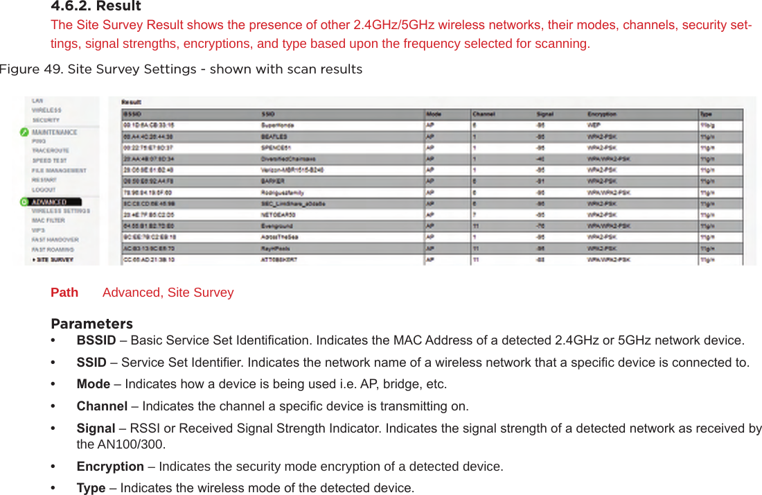 4.6.2. ResultThe Site Survey Result shows the presence of other 2.4GHz/5GHz wireless networks, their modes, channels, security set-tings, signal strengths, encryptions, and type based upon the frequency selected for scanning.Figure 49. Site Survey Settings - shown with scan resultsPath  Advanced, Site SurveyParameters• BSSID – Basic Service Set Identication. Indicates the MAC Address of a detected 2.4GHz or 5GHz network device.• SSID – Service Set Identier. Indicates the network name of a wireless network that a specic device is connected to.• Mode – Indicates how a device is being used i.e. AP, bridge, etc.• Channel – Indicates the channel a specic device is transmitting on.• Signal – RSSI or Received Signal Strength Indicator. Indicates the signal strength of a detected network as received by the AN100/300.• Encryption – Indicates the security mode encryption of a detected device.• Type – Indicates the wireless mode of the detected device.
