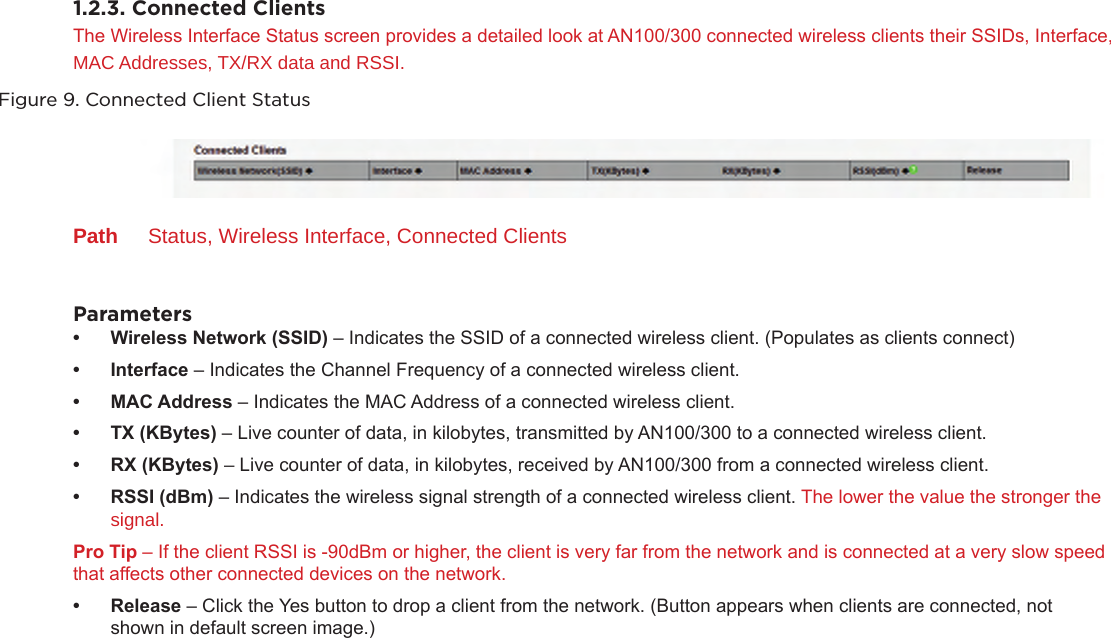 1.2.3. Connected ClientsThe Wireless Interface Status screen provides a detailed look at AN100/300 connected wireless clients their SSIDs, Interface, MAC Addresses, TX/RX data and RSSI.Figure 9. Connected Client StatusPath  Status, Wireless Interface, Connected ClientsParameters• WirelessNetwork(SSID)– Indicates the SSID of a connected wireless client. (Populates as clients connect)• Interface– Indicates the Channel Frequency of a connected wireless client.• MACAddress– Indicates the MAC Address of a connected wireless client.• TX(KBytes)– Live counter of data, in kilobytes, transmitted by AN100/300 to a connected wireless client.• RX(KBytes)–Live counter of data, in kilobytes, received by AN100/300 from a connected wireless client.• RSSI(dBm)– Indicates the wireless signal strength of a connected wireless client. The lower the value the stronger the signal.ProTip – If the client RSSI is -90dBm or higher, the client is very far from the network and is connected at a very slow speed that affects other connected devices on the network.• Release– Click the Yes button to drop a client from the network. (Button appears when clients are connected, not shown in default screen image.)