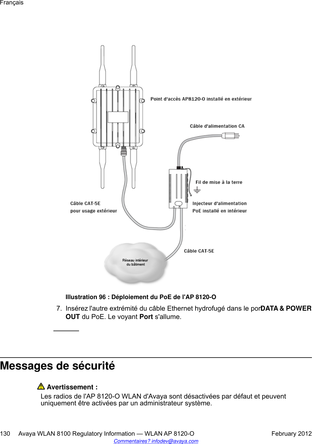 Illustration 96 : Déploiement du PoE de l&apos;AP 8120-O7. Insérez l&apos;autre extrémité du câble Ethernet hydrofugé dans le port DATA &amp; POWEROUT du PoE. Le voyant Port s&apos;allume.Messages de sécurité Avertissement :Les radios de l&apos;AP 8120-O WLAN d&apos;Avaya sont désactivées par défaut et peuventuniquement être activées par un administrateur système.Français130     Avaya WLAN 8100 Regulatory Information — WLAN AP 8120-O February 2012Commentaires? infodev@avaya.com