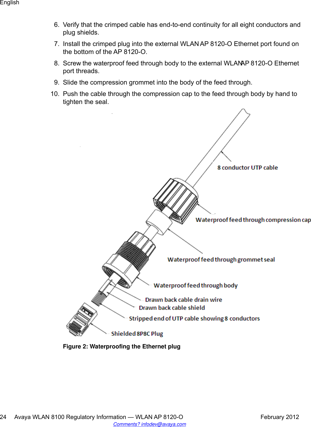 6. Verify that the crimped cable has end-to-end continuity for all eight conductors andplug shields.7. Install the crimped plug into the external WLAN AP 8120-O Ethernet port found onthe bottom of the AP 8120-O.8. Screw the waterproof feed through body to the external WLAN AP 8120-O Ethernetport threads.9. Slide the compression grommet into the body of the feed through.10. Push the cable through the compression cap to the feed through body by hand totighten the seal.Figure 2: Waterproofing the Ethernet plugEnglish24     Avaya WLAN 8100 Regulatory Information — WLAN AP 8120-O February 2012Comments? infodev@avaya.com