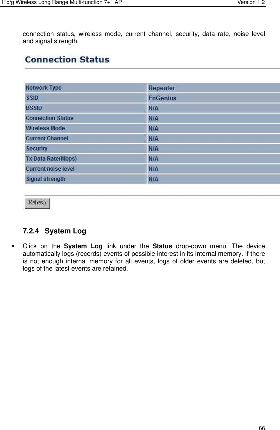 11b/g Wireless Long Range Multi-function 7+1 AP                                         Version 1.2     66  connection  status,  wireless mode,  current  channel,  security,  data  rate,  noise  level and signal strength.      7.2.4  System Log    Click  on  the  System  Log  link  under  the  Status  drop-down  menu.  The  device automatically logs (records) events of possible interest in its internal memory. If there is not enough internal memory for all events, logs of older events are deleted, but logs of the latest events are retained.   