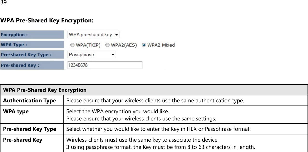 39  WPA Pre-Shared Key Encryption:    WPA Pre-Shared Key Encryption Authentication Type Please ensure that your wireless clients use the same authentication type. WPA type Select the WPA encryption you would like. Please ensure that your wireless clients use the same settings. Pre-shared Key Type Select whether you would like to enter the Key in HEX or Passphrase format. Pre-shared Key Wireless clients must use the same key to associate the device. If using passphrase format, the Key must be from 8 to 63 characters in length.              