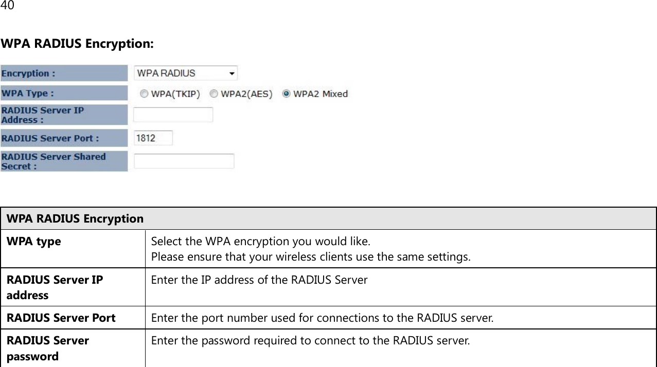 40  WPA RADIUS Encryption:    WPA RADIUS Encryption WPA type Select the WPA encryption you would like. Please ensure that your wireless clients use the same settings. RADIUS Server IP address Enter the IP address of the RADIUS Server RADIUS Server Port Enter the port number used for connections to the RADIUS server. RADIUS Server password Enter the password required to connect to the RADIUS server.   