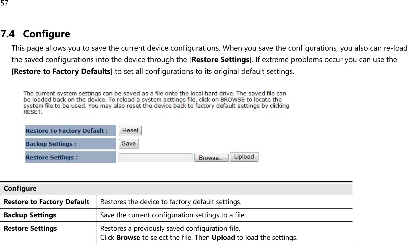 57  7.4 Configure This page allows you to save the current device configurations. When you save the configurations, you also can re-load the saved configurations into the device through the [Restore Settings]. If extreme problems occur you can use the [Restore to Factory Defaults] to set all configurations to its original default settings.     Configure Restore to Factory Default Restores the device to factory default settings. Backup Settings Save the current configuration settings to a file. Restore Settings Restores a previously saved configuration file. Click Browse to select the file. Then Upload to load the settings.   