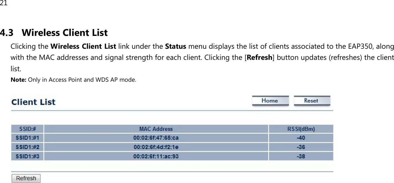 21  4.3 Wireless Client List Clicking the Wireless Client List link under the Status menu displays the list of clients associated to the EAP350, along with the MAC addresses and signal strength for each client. Clicking the [Refresh] button updates (refreshes) the client list. Note: Only in Access Point and WDS AP mode.       