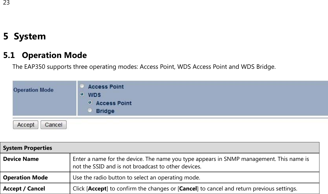 23  5 System 5.1 Operation Mode The EAP350 supports three operating modes: Access Point, WDS Access Point and WDS Bridge.    System Properties Device Name Enter a name for the device. The name you type appears in SNMP management. This name is not the SSID and is not broadcast to other devices. Operation Mode Use the radio button to select an operating mode. Accept / Cancel Click [Accept] to confirm the changes or [Cancel] to cancel and return previous settings.  